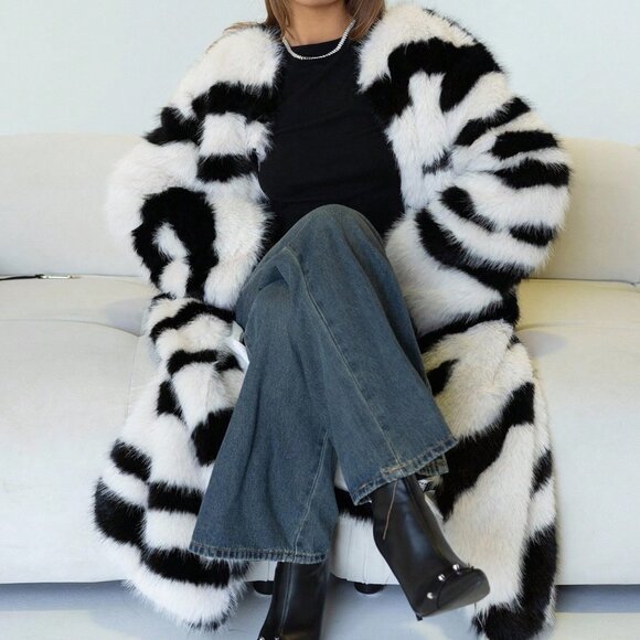 Black And White Casual Women's Zebra Print Color Block Faux Jacket - Picture 5 of 6